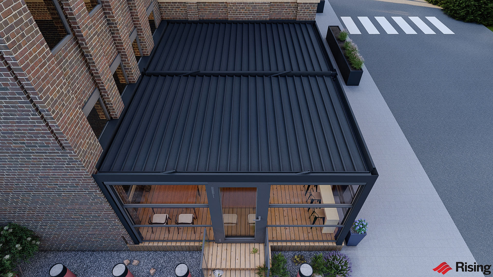 B2 Bistro Reading — louvered roof evening view